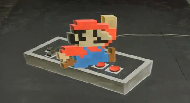 Espectacular dibujo de Super Mario en 3D hecho a tiza