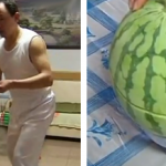 Un hombre chino corta frutas y vegetales lanzando cartas de la baraja