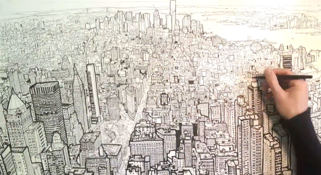 Patrick Vale dibuja Manhattan visto desde el Empire State Building