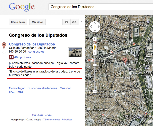 Esto es lo que sale en Google Maps cuando buscas ''Congreso de los Diputados''