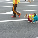 Disfraz de dos perros llevando un regalo