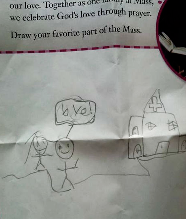 Se le preguntó a un niño cuál era su parte favorita de la misa y esto es lo que dibujó