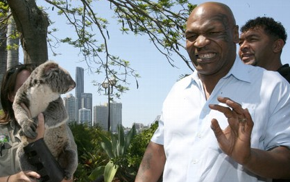 El boxeador Mike Tyson intimidado por el Koala Trace durante una visita promocional a Australia