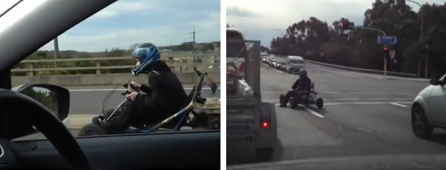 Un conductor casi vuelca con su kart al llegar a un semáforo