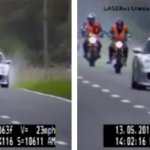 Momento en el que el conductor de un Porsche adelanta a 181 km/h a unos motoristas y frena al ver a la policía
