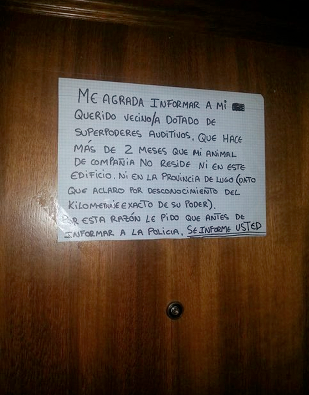 Querido vecino: Mi animal de compañía ya no reside ni en este edificio ni en la provincia de Lugo...