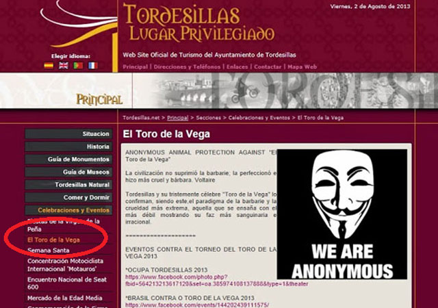 Anonymous hackea la web del Ayuntamiento de Tordesillas en la que publicitan el Toro de la Vega