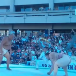 Luchador de sumo levanta a su adversario y lo lanza al suelo