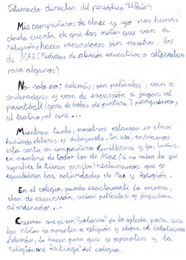 La carta indignada de un niño de 12 años contra la clase de religión