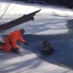 Cazadores salvan a un perro de una muerte segura en un lago congelado