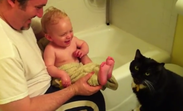 Gato lamiéndole los pies a un bebé después de la ducha
