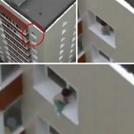 Graban a un bebé caminando por el borde de la ventana del último piso de un edificio