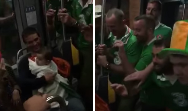 Aficionados irlandeses entran en el metro, ven que hay un bebé y hacen lo siguiente...
