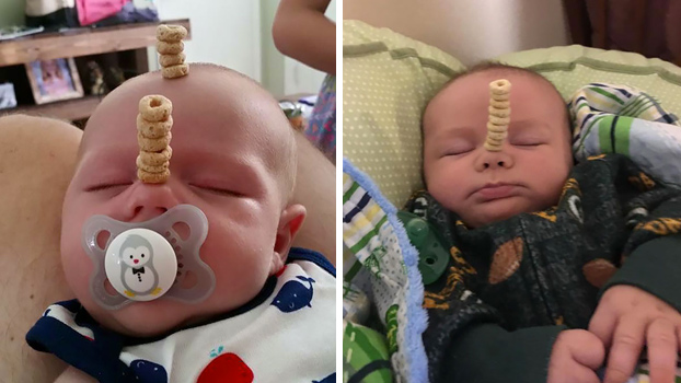 Padres compiten para ver quién puede apilar más Cheerios en sus bebés mientras estos duermen