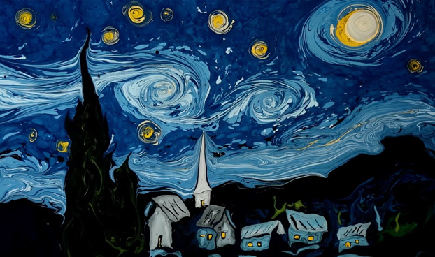 Creación del cuadro "La noche estrellada" de Van Gogh con la técnica del papel marmoleado