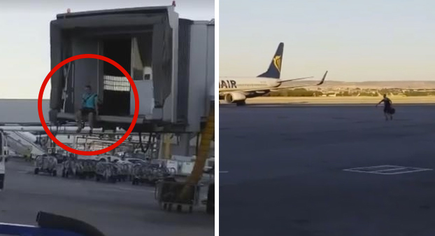Un pasajero de Ryanair corre por la pista tras perder su avión en el aeropuerto de Barajas