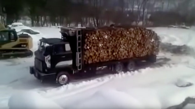 Camionero descargando toda la leña del camión like a boss