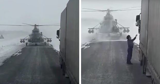 El piloto de un helicóptero militar se pierde y aterriza en una carretera para pedir indicaciones a un camionero