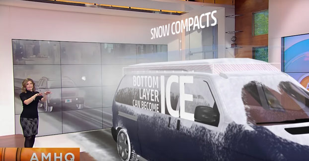 Explicación en televisión con realidad aumentada de la importancia de retirar la nieve del coche