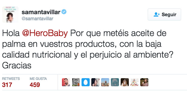 Samanta Villar le recrimina a Hero Baby que utilice aceite de palma y la marca le responde lo siguiente...