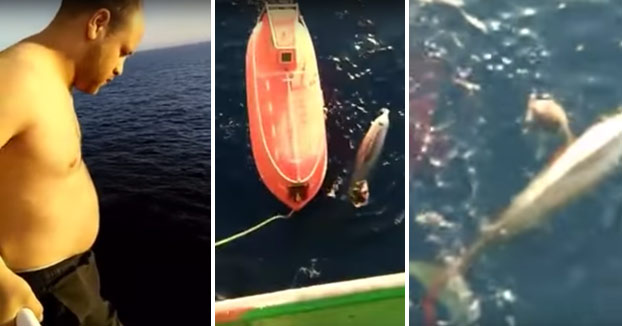 Un marinero salta de la cubierta de un petrolero para salvar a una ballena enredada