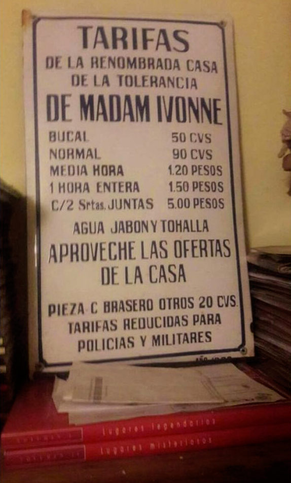 Así era un antiguo menú con precios de una casa de citas