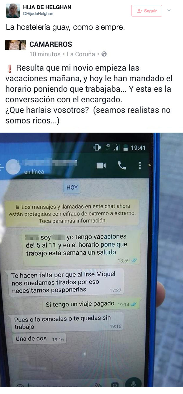 Empezaba sus vacaciones, recibe horario indicando que trabajaba y le manda un WhatsApp al encargado. Ojo a la respuesta...