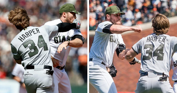 Bryce Harper y Hunter Strikland a hostias en pleno partido de béisbol