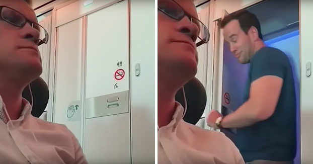 Una pareja sale del baño de un avión después de echar un polvo. Atención a las caras...