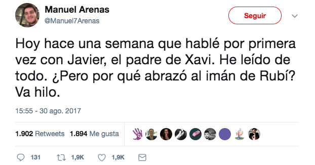 Hoy hace una semana que hablé por primera vez con Javier. He leído de todo, ¿pero por qué abrazó al imán de Rubí? Va hilo