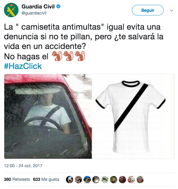 ''No hagas el mono'': La Guardia Civil alerta del uso de camisetas antimultas