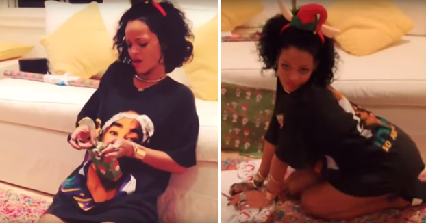 Rihanna saca su lado más sensual mientras envuelve los regalos de Navidad