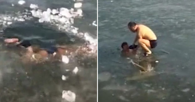 Un hombre se lanza al agua a bucear bajo el hielo. Mala idea...