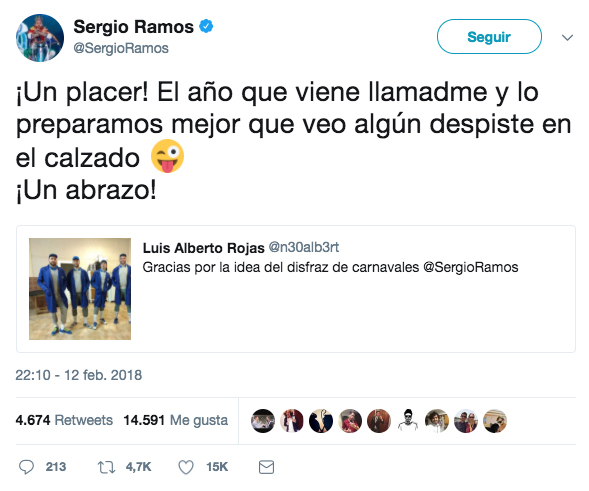 Le dan las gracias a Sergio Ramos por la idea del disfraz para Carnaval y el jugador les responde