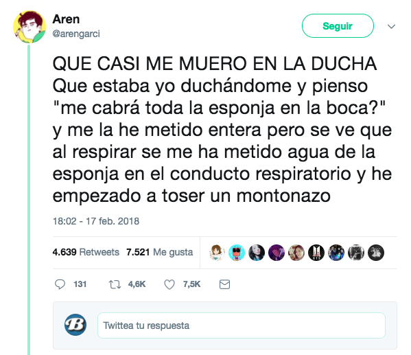 La historia del tuitero que casi se muere en la ducha por meterse toda la esponja en la boca