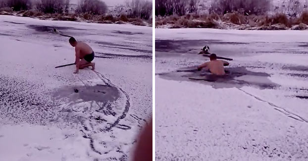 Bravo!: Un hombre se mete en el agua helada para salvar a un perro que no podía salir