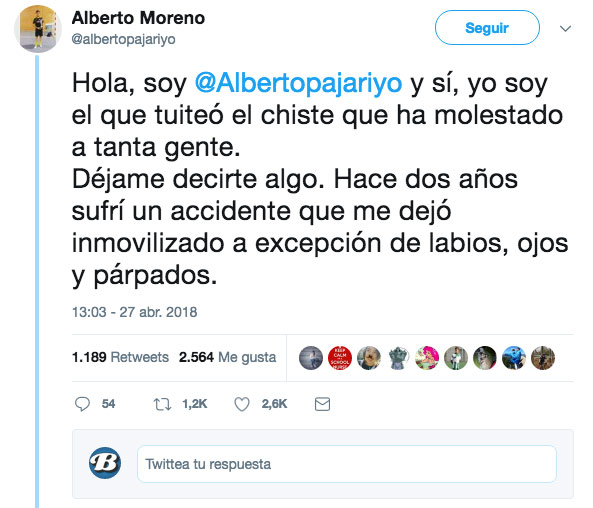 El tuit de Alberto: ''¿Qué le hace sonreír a un parapléjico? Que todo va sobre ruedas''