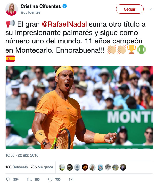 Cifuentes felicita a Rafa Nadal por su Masters 1.000 y Twitter no tarda en responder