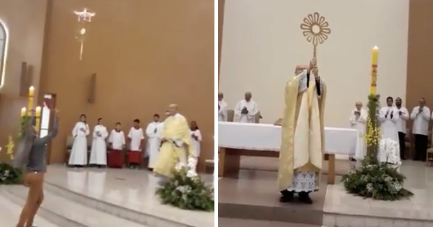 Polémica en una iglesia de Brasil porque utilizaron un dron para llevar la hostia durante la misa