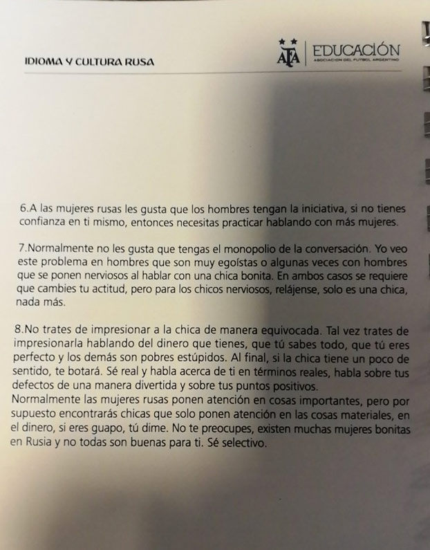 La Federación Argentina de Fútbol reparte a los periodistas un manual sobre cómo ligar con rusas para el Mundial