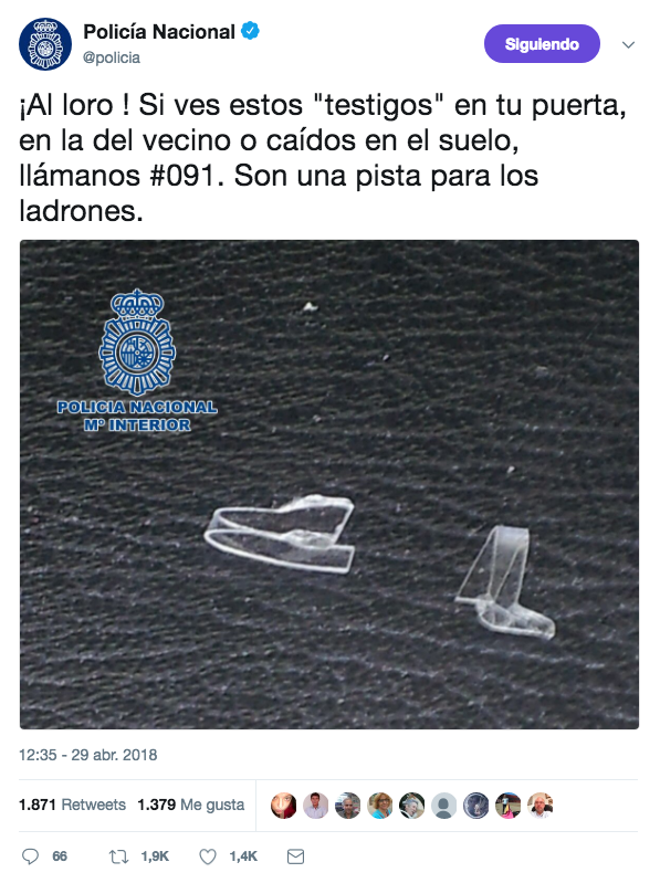 La Policía Nacional avisa: Si ves estos testigos en tu puerta, en la del vecino o caídos en el suelo, llámanos #091