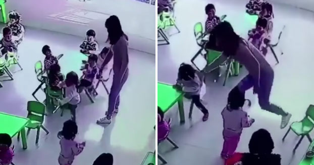 Una profesora de guardería le quita la silla a una niña cuando se estaba sentando