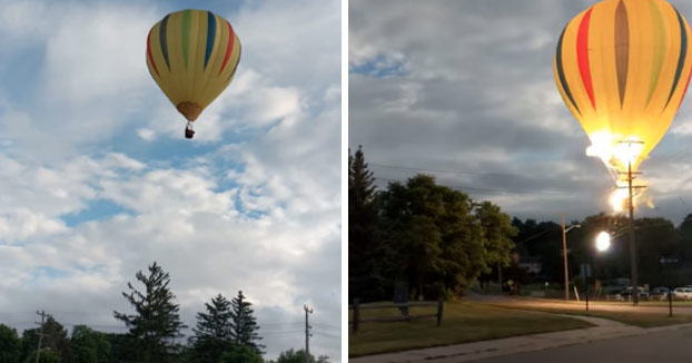 Un globo aerostático cae sobre un tendido eléctrico y después en el lago