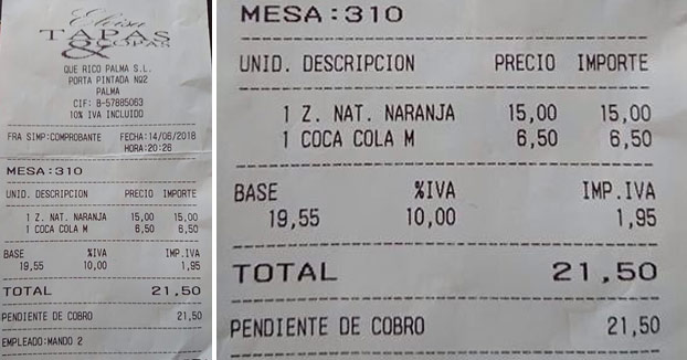 Unos turistas denuncian los precios abusivos de un bar de Mallorca: 3 euros por un café y 15 por un zumo de naranja