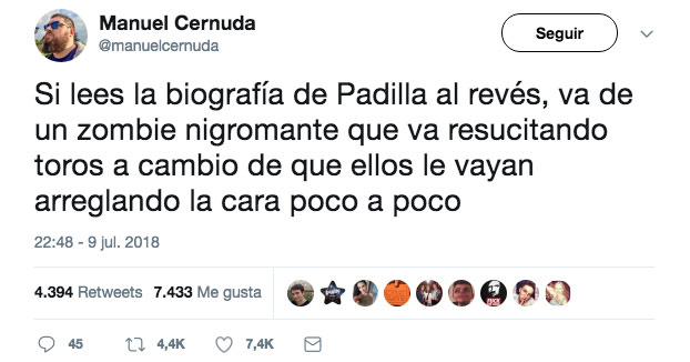 La biografía de Padilla al revés va de un zombie que resucita toros a cambio de que ellos le arreglen la cara poco a poco