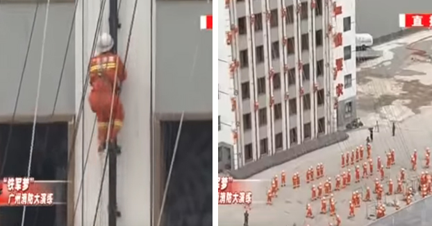 Bomberos realizando pruebas físicas en Guangzhou, China