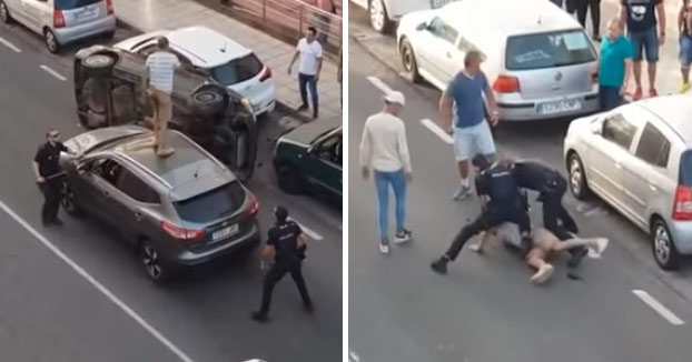 Detención policial en el centro de Arrecife después de que los dos individuos intentasen huir tras el vuelco de su coche