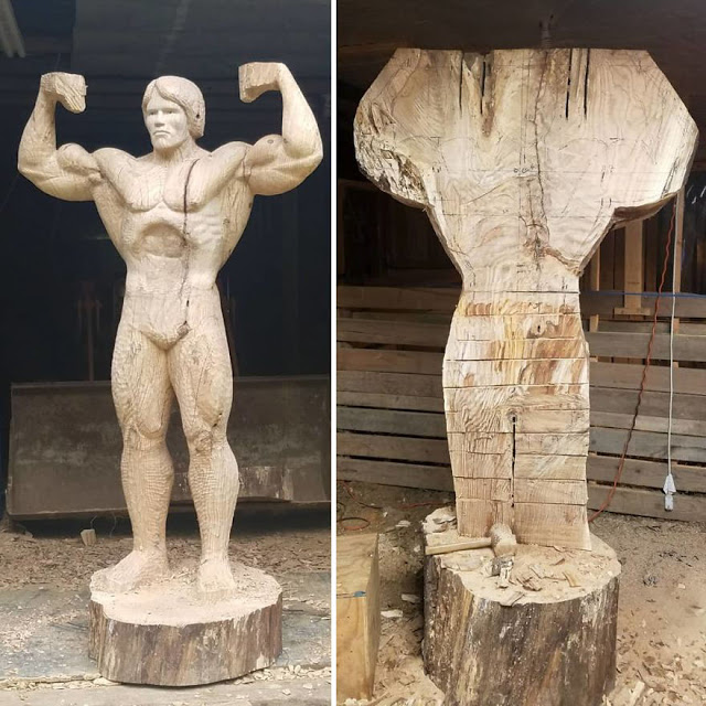 Estatua de madera de Arnold Schwarzenegger a tamaño real