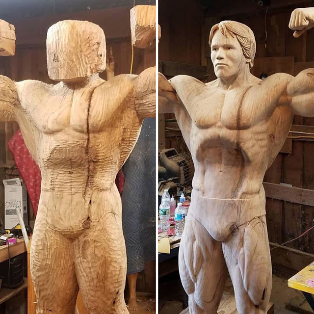 Estatua de madera de Arnold Schwarzenegger a tamaño real
