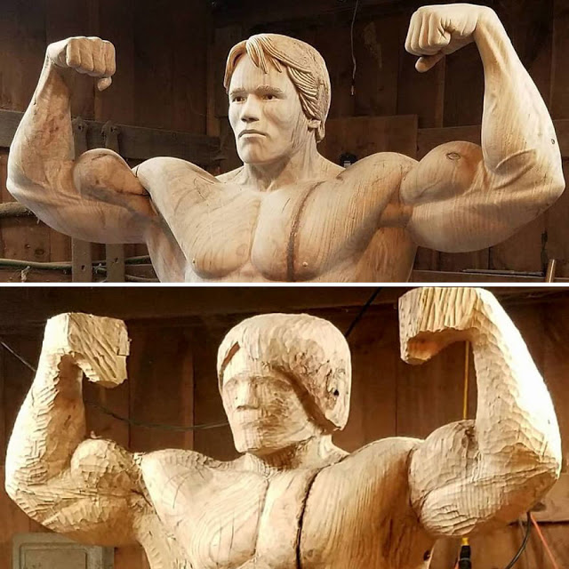 Estatua de madera de Arnold Schwarzenegger a tamaño real